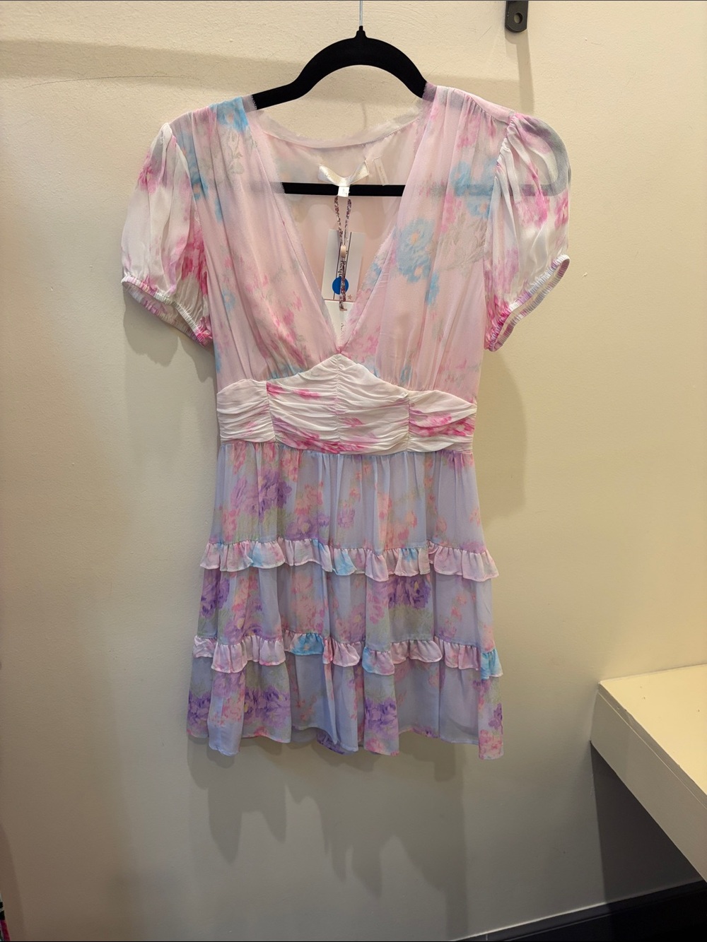 LoveShackFancy Pastel Floral Ruffle Mini Dress in Pink & Lavender